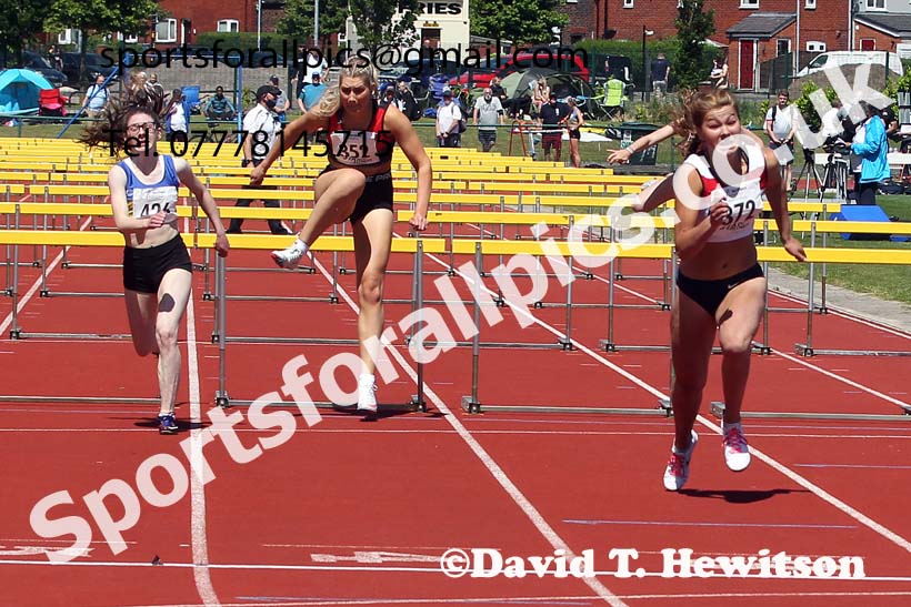 Womens under-20s 100 metres hurdles, 2021 Northern Senior and Under-20s Champs., Leigh. Photo: David T. Hewitson/Sports for All Pics